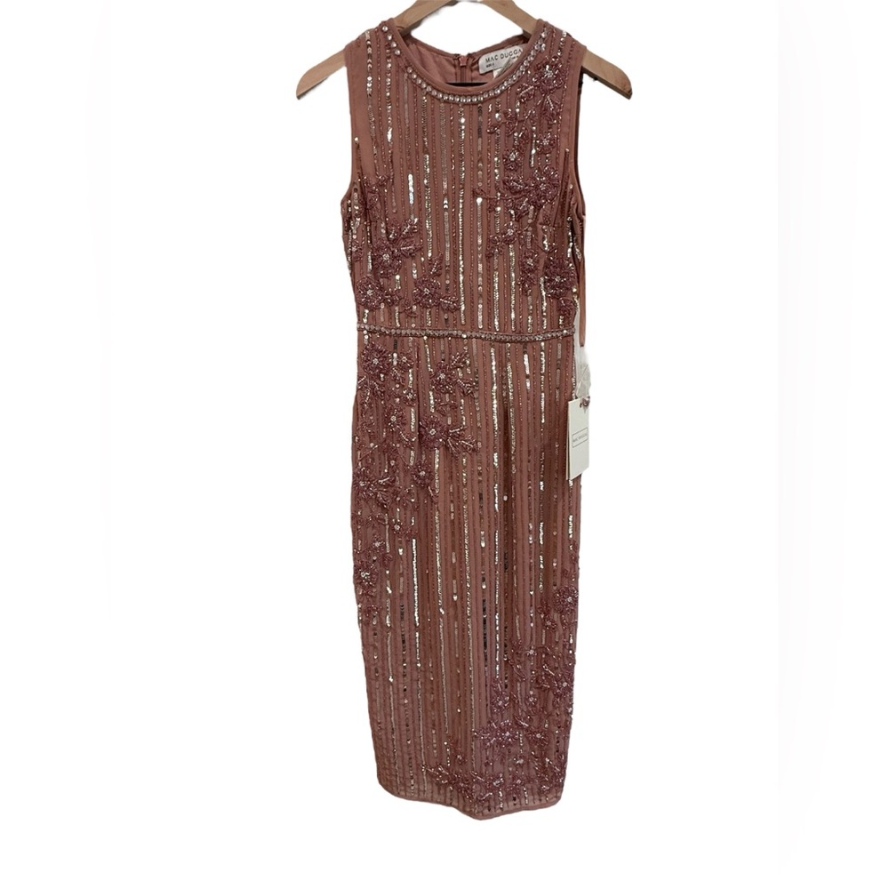 Mac Duggal Tea Length Beaded Embellished Midi Dress Jewel Blush Dusty Rose‎ Sz 2